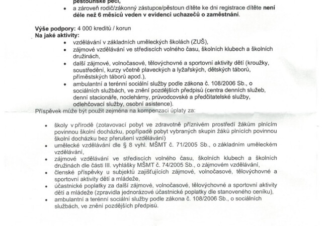 Příspěvek pro děti JčK na kroužky nebo tělovýchovné aktivity